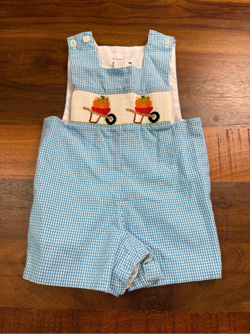Silly Goose Hand Smocked Pumpkin Wheelbarrow Jon Jon Romper – 9M
